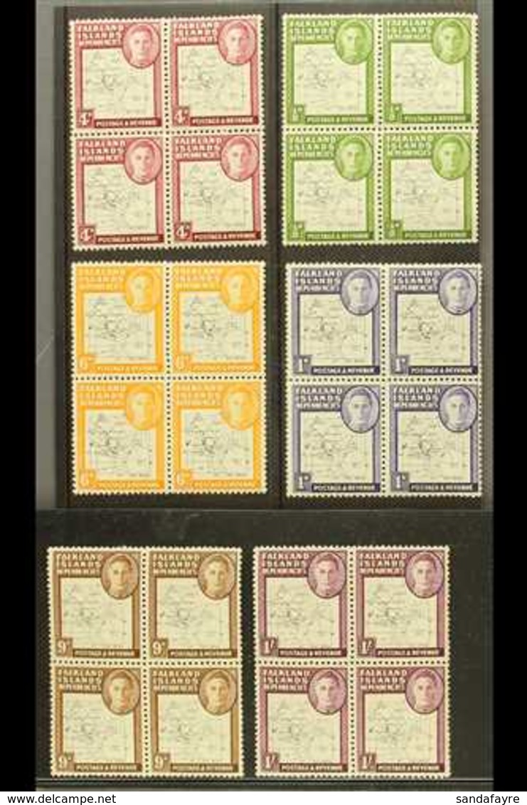 1946-49 VARIETIES. ½d, 1d, 4d, 6d, 9d & 1s Thin Map (SG G9/10 & G13/16) Never Hinged Mint BLOCKS Of 4, Each With The Upp - Falklandeilanden