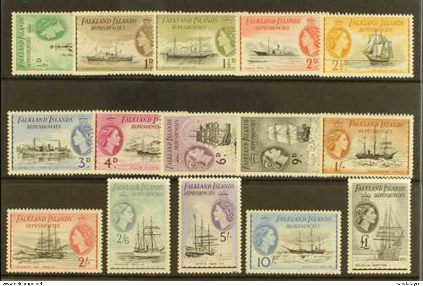 1954-62 Complete Definitive Set, SG G26/40, Very Lightly Hinged Mint (15 Stamps) For More Images, Please Visit Http://ww - Falkland Islands