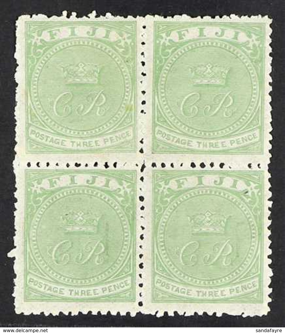 1871 3d Pale Yellow-green, SG 11, Mint BLOCK OF FOUR (lower Pair Never Hinged) With Good Original Colour & Well-centered - Fidji (...-1970)