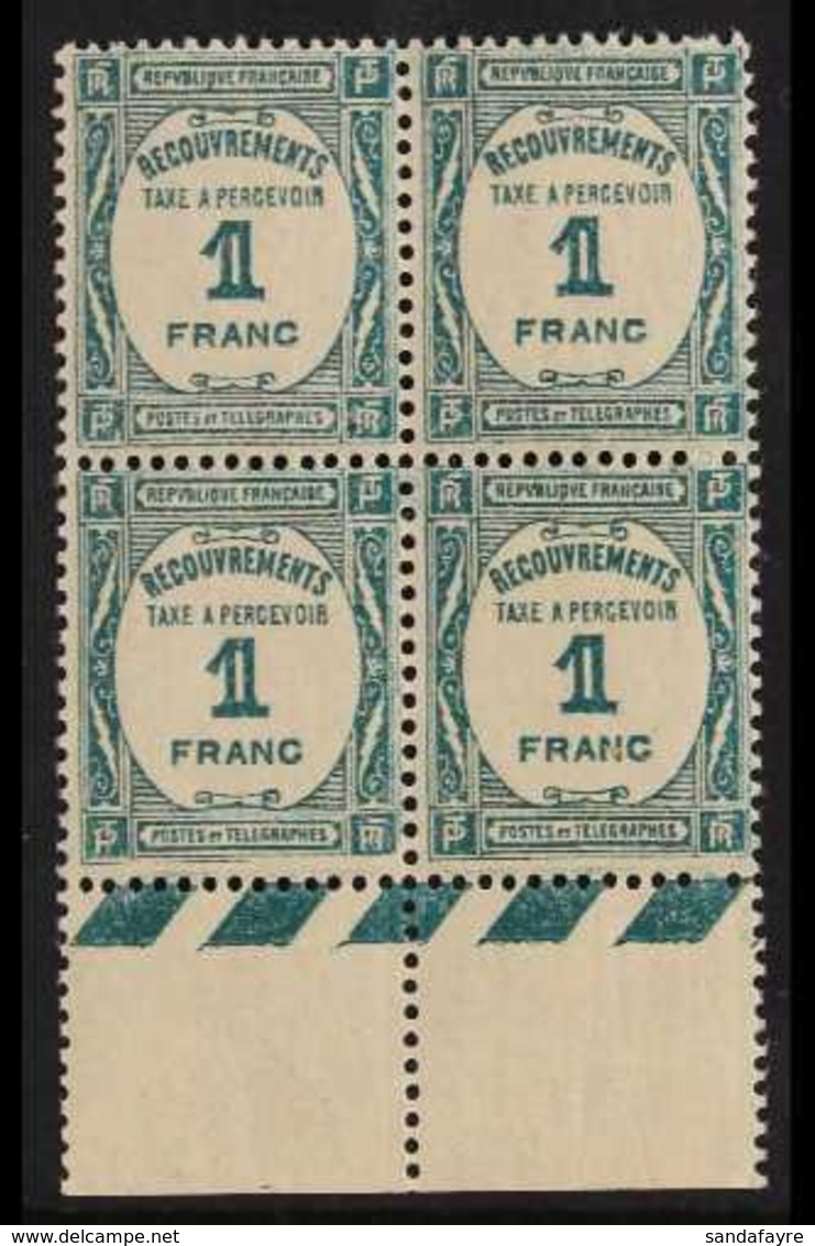 POSTAGE DUES 1927-31 1f Deep Bluish Green (Yvert 60, SG D459), Never Hinged Mint Lower Marginal BLOCK Of 4, Fresh. (4 St - Other & Unclassified