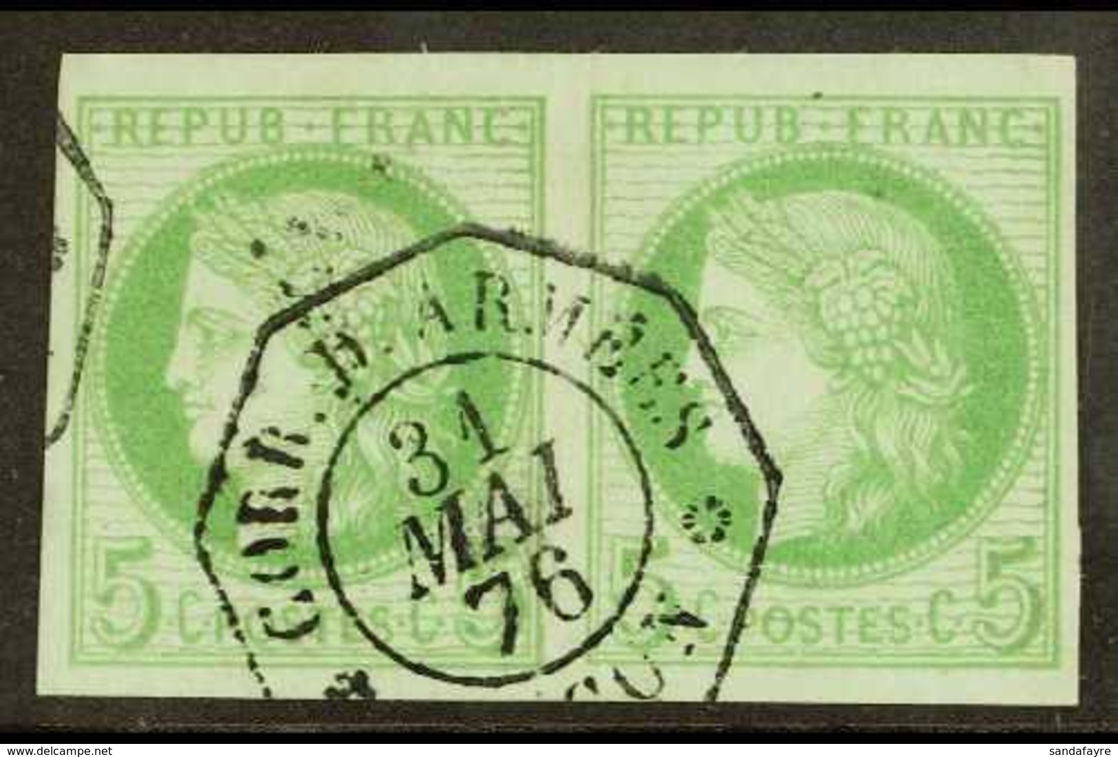 COCHIN CHINA 1876 5c Green, Ceres, Yv 17, Superb Used Horizontal Pair With "Corr. D. Armees 31 Mai 76 Saigon" Octagonal  - Andere & Zonder Classificatie