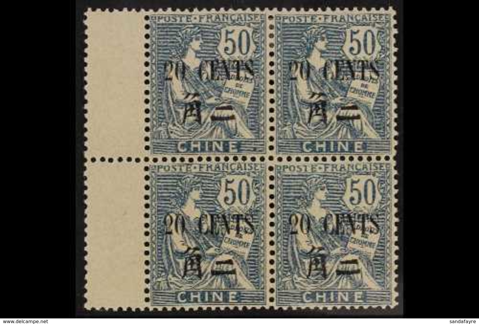 FRENCH POST OFFICES IN CHINA 1912-21 20c On 50c Blue (SG 89, Yvert 88) Fine Mint Marginal BLOCK OF FOUR. For More Images - Other & Unclassified