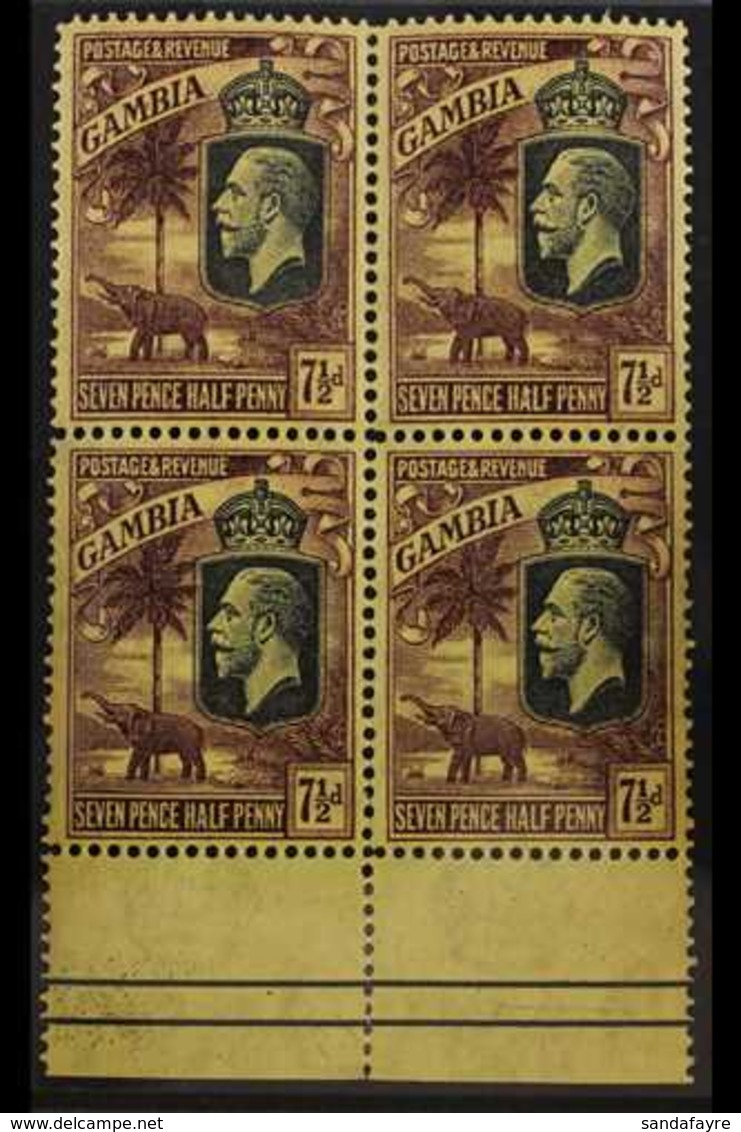 1922-29 7½d Purple On Yellow Elephant Wmk SCA, SG 132, Superb Mint (two Stamps Are Never Hinged) Lower Marginal BLOCK Of - Gambia (...-1964)