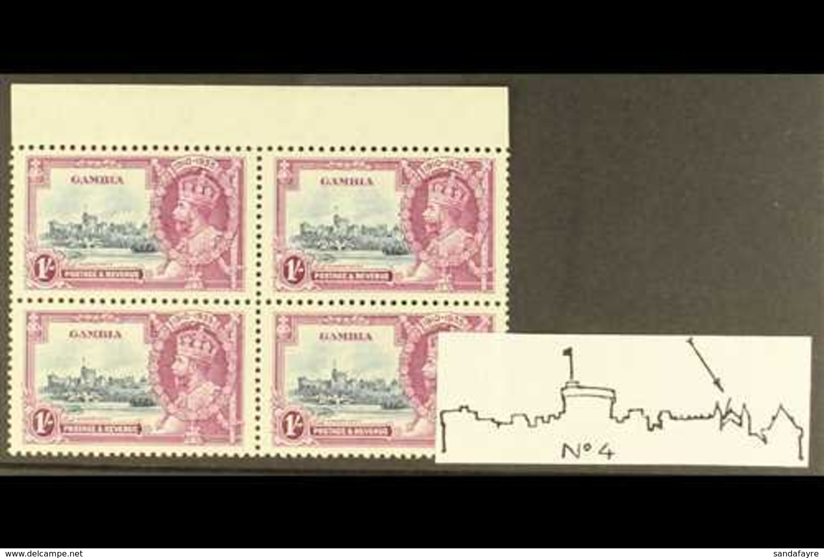 1935 1s Slate And Purple, Jubilee, Top Marginal Block Of 4 Showing The Variety "Lightening Conductor" By Left Spire Of S - Gambie (...-1964)