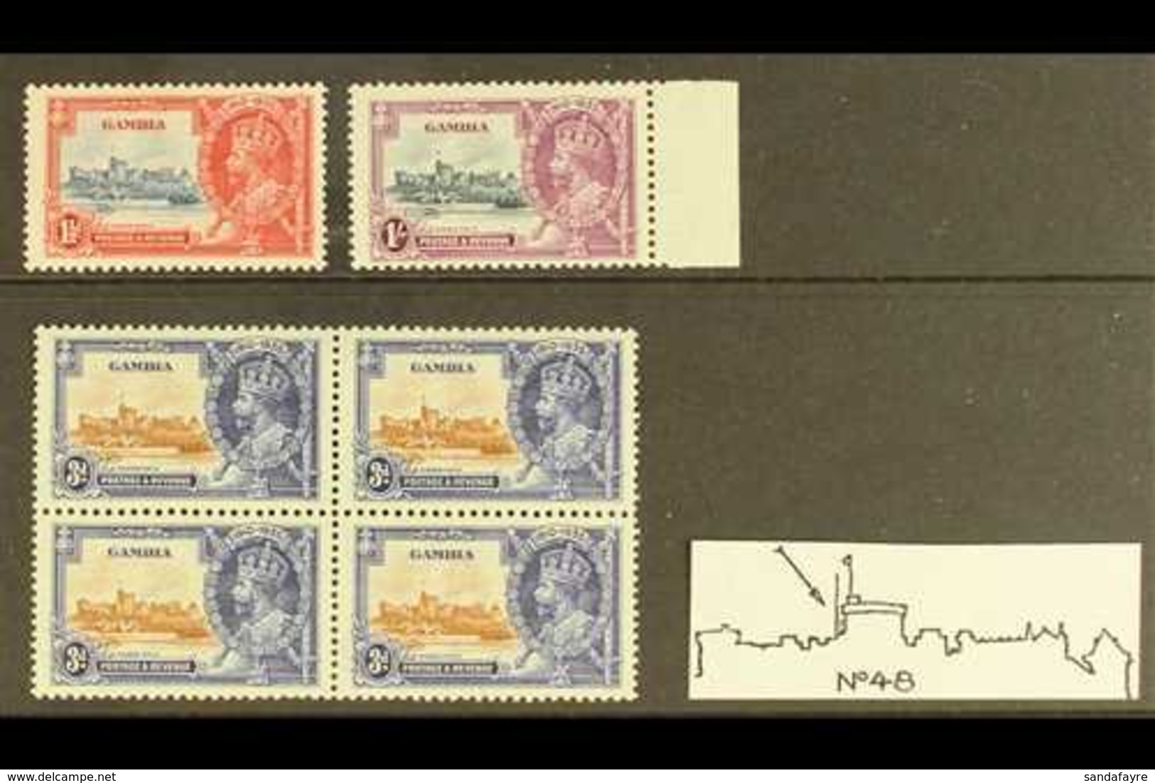 1935 Jubilee 1½d, 1s And 3s In Block Of 4,  Vf Mint, Each Showing The Variety "Vertical Line From Left Of Round Tower" ( - Gambie (...-1964)