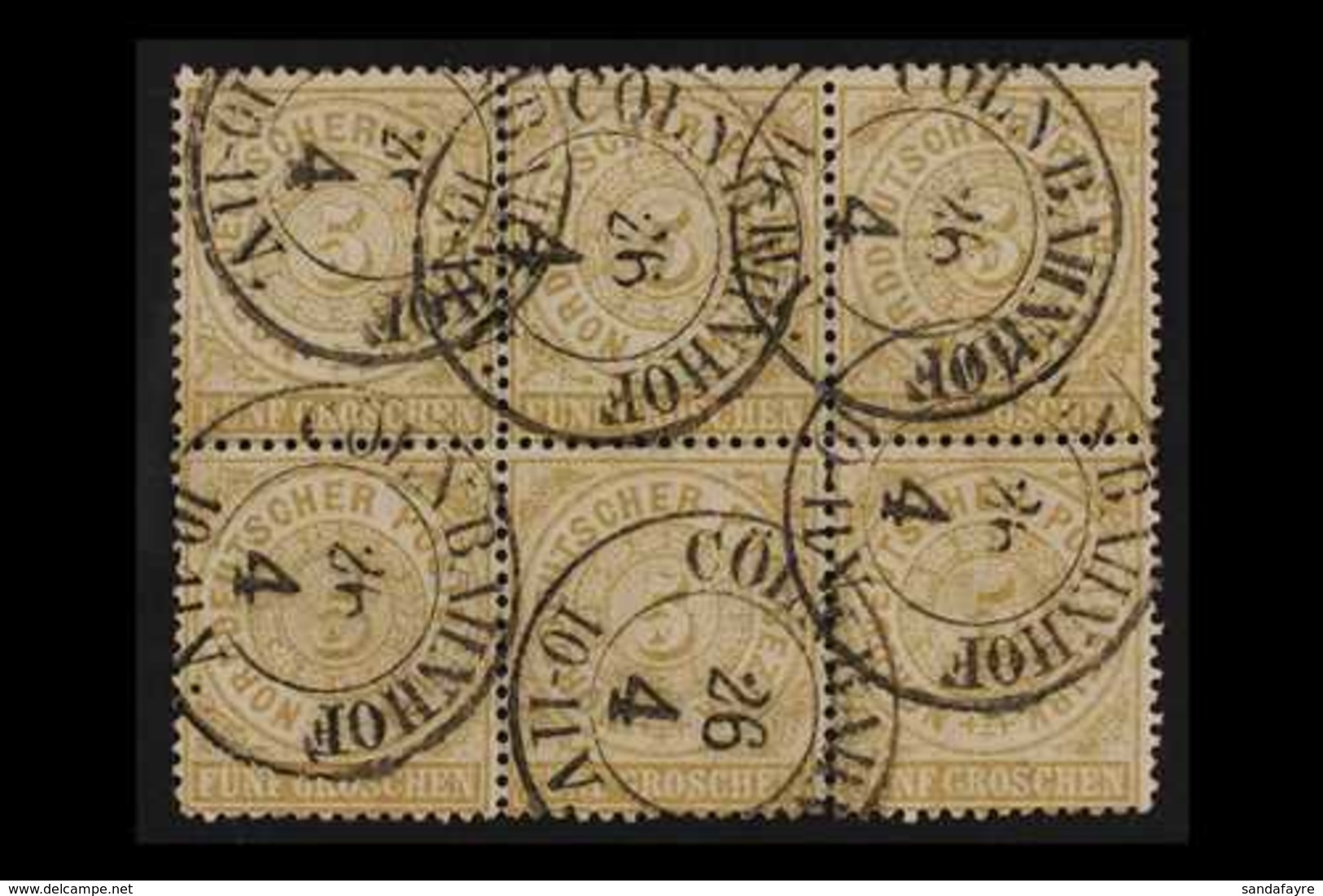 NORTH GERMAN CONFEDERATION 1869-70 Northern District 5g Bistre (Mi 18, SG 29) BLOCK OF SIX With Fine "COLN BAHNHOF" Doub - Andere & Zonder Classificatie