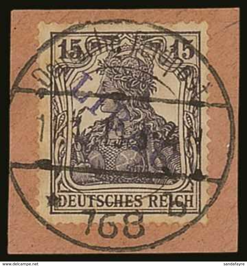 LIBAU 1919 15pf Violet With Type II "LIBAU" Overprint In Violet-blue, Michel 3Ba, Very Fine Used Tied To Neat Piece By F - Other & Unclassified