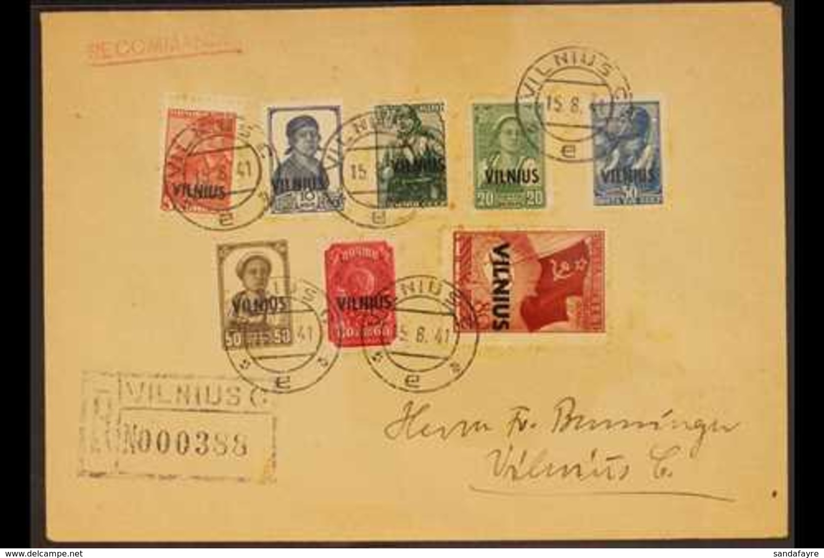 VILNIUS 1941 Overprints Complete Set To 80k (Michel 10/17, SG 10/17), Used On Registered Cover Cancelled By "Vilnius" Cd - Sonstige & Ohne Zuordnung