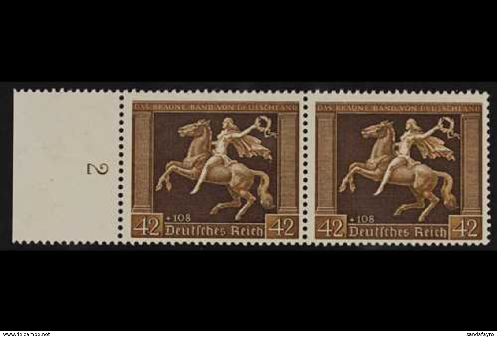 1938 42pf Brown Ribbon (Michel 671y, SG 659), Left Marginal HORIZONTAL PAIR, Very Fine Never Hinged Mint. For More Image - Andere & Zonder Classificatie