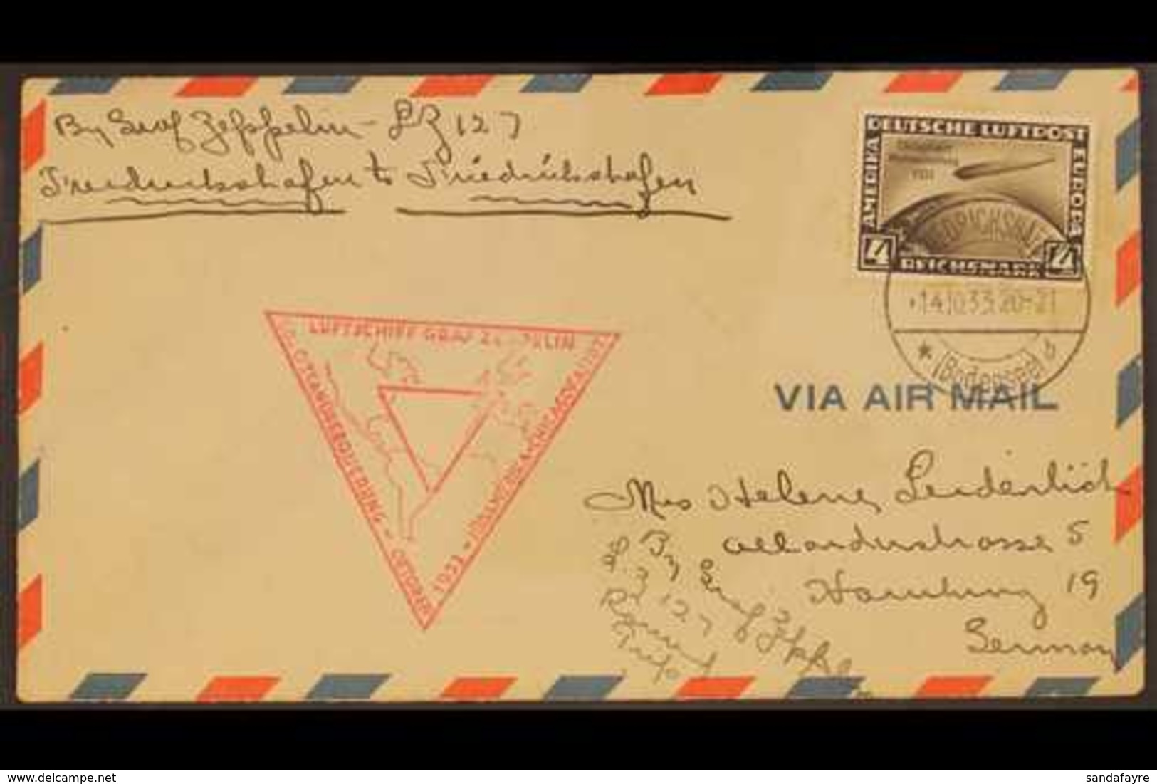 ZEPPELIN CHICAGO WORLD EXHIBITION FLIGHT COVER 1933 (14 Oct) Cover Addressed To Germany, Bearing 1933 4m Air Chicago Exh - Autres & Non Classés