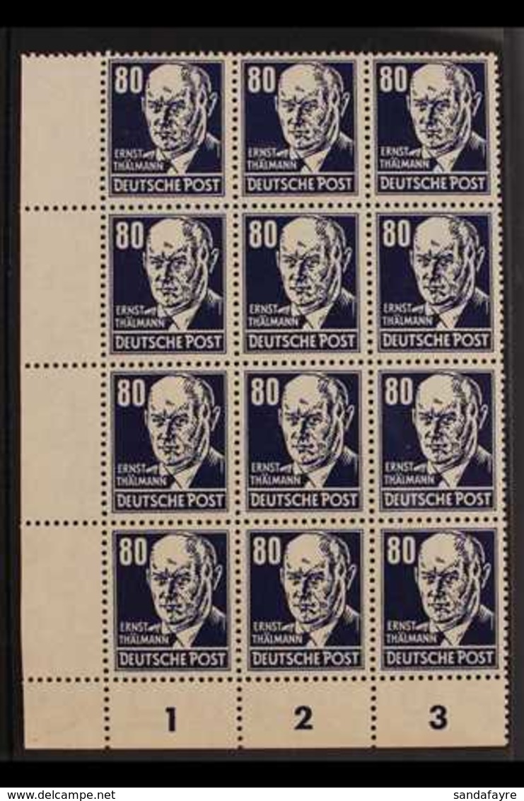 1952-53 80pf Blackish Blue Thalmann Ordinary Paper (Michel 339z, SG E94), Never Hinged Mint Lower Left Corner BLOCK Of 1 - Autres & Non Classés