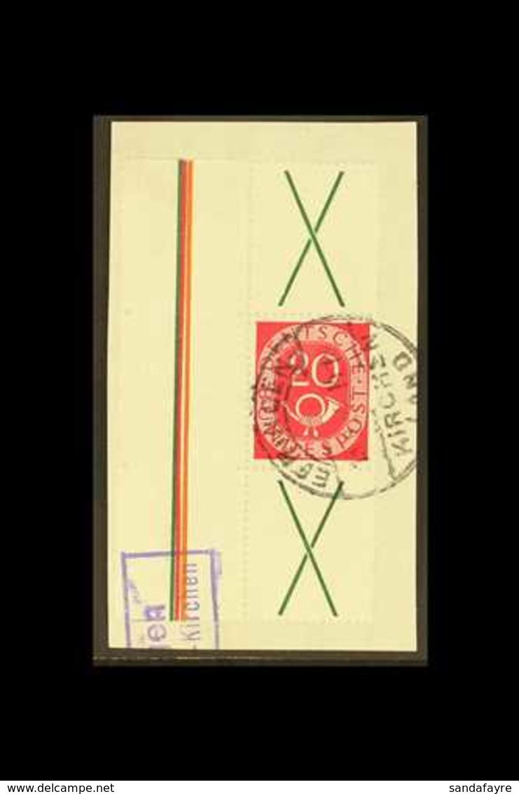 1951 Label+20pf+label Posthorn VERTICAL SE-TENANT STRIP Of 3, Michel S 8, Very Fine Cds Used On Piece, Expertized H.K. S - Autres & Non Classés