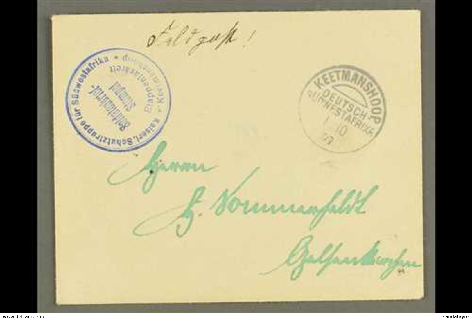 SOUTH WEST AFRICA 1907 (1 Oct) Stampless Feldpost Cover To Germany With Fine "KEETMANSHOOP" Cds Postmark Plus Very Fine  - Other & Unclassified