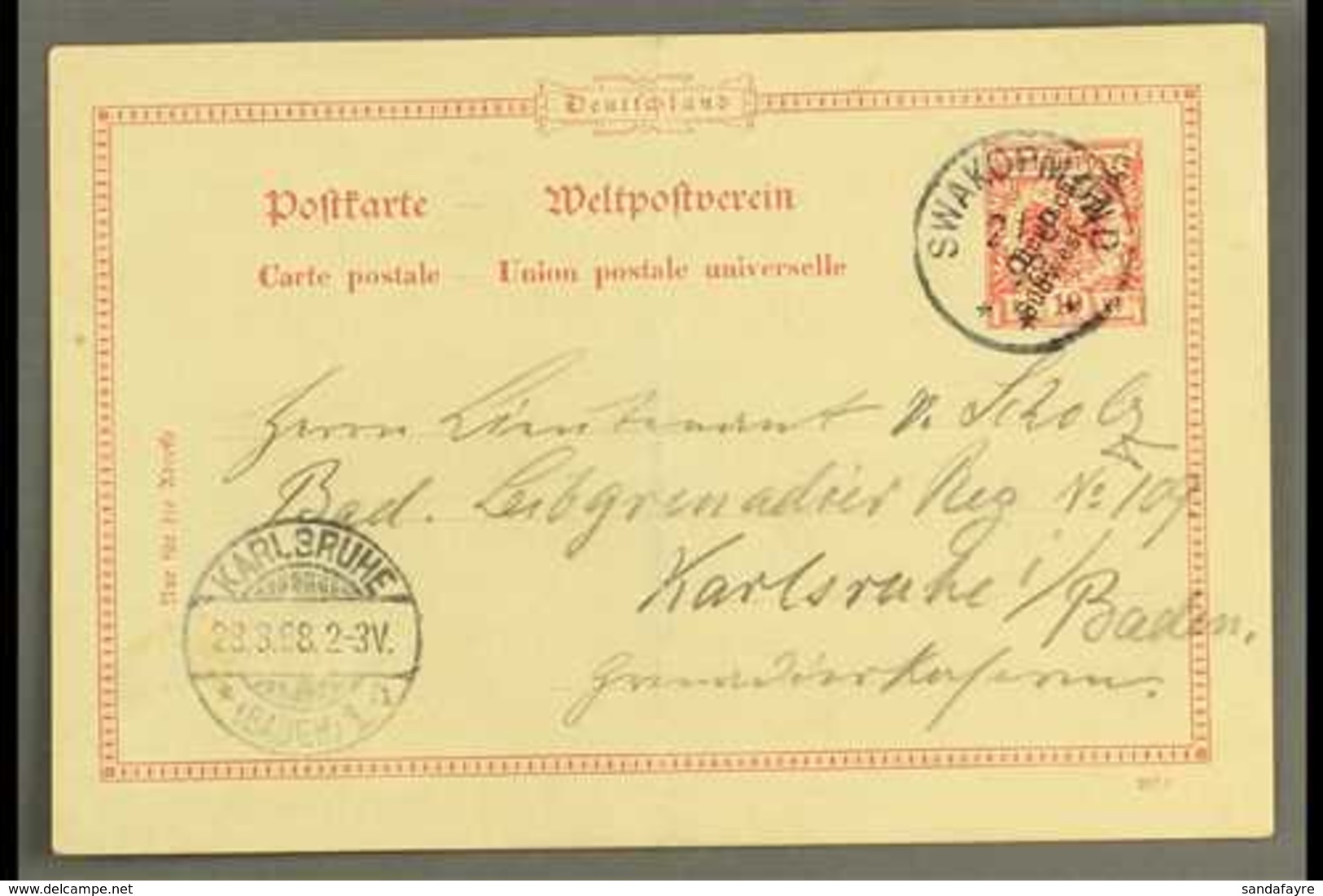 SOUTH WEST AFRICA 1898 (3 Mar) 10pf With Diagonal Opt Postal Stationery Card To Germany Cancelled By Fine "SWAKOPMUND" C - Andere & Zonder Classificatie