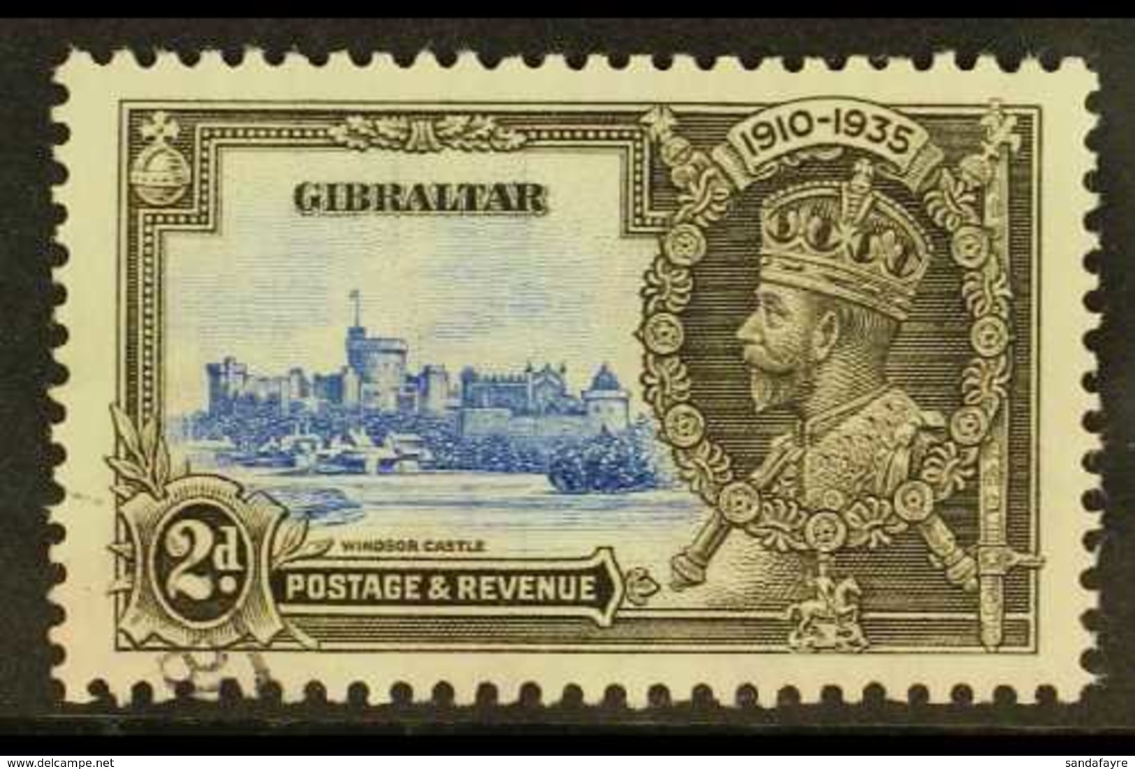 1935 2d Ultramarine And Grey Black, Silver Jubilee, Variety "Extra Flagstaff", SG 114a, Good Used But With Some Discolou - Gibraltar