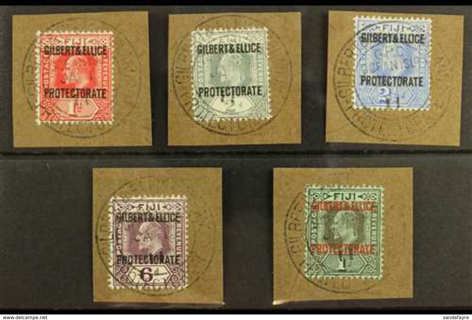 1911 1d, 2d, 2½d, 6d & 1s Overprints (SG 2/4 & 6/7), Superb Used On Pieces Tied By "GPO Ocean Island / Gilbert & Ellice  - Gilbert- Und Ellice-Inseln (...-1979)