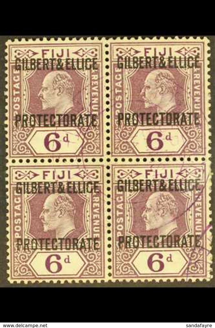 1911 6d Dull And Bright Purple, Overprinted, SG 6, Superb Used Block Of 4 With Violet Protectorate Cancels. For More Ima - Îles Gilbert Et Ellice (...-1979)