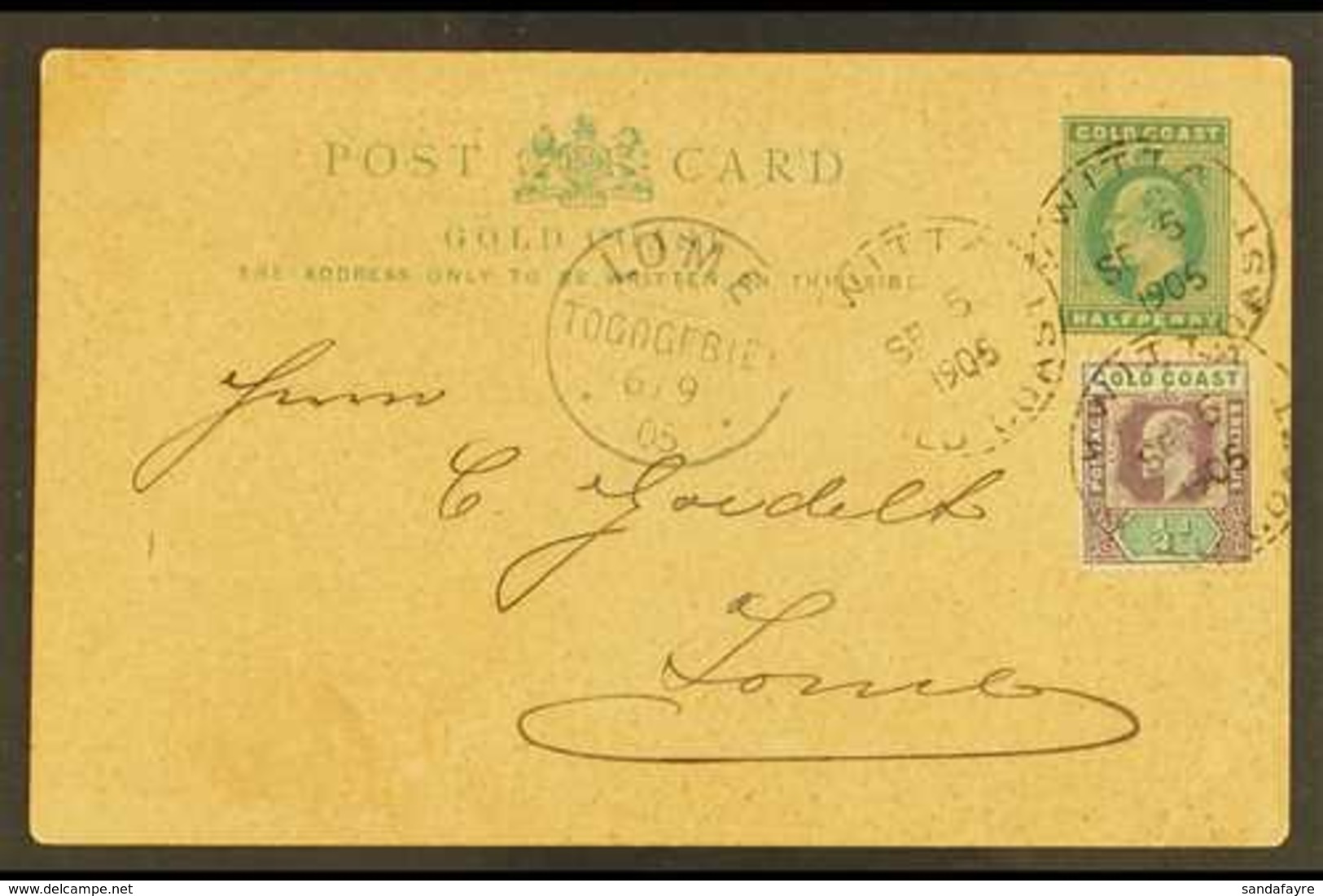 1905 (5 Sep) ½d Postal Stationery Postcard Uprated With ½d KEVII Stamp, Addressed To Lome (German Togo), Bearing "Kwitta - Goldküste (...-1957)