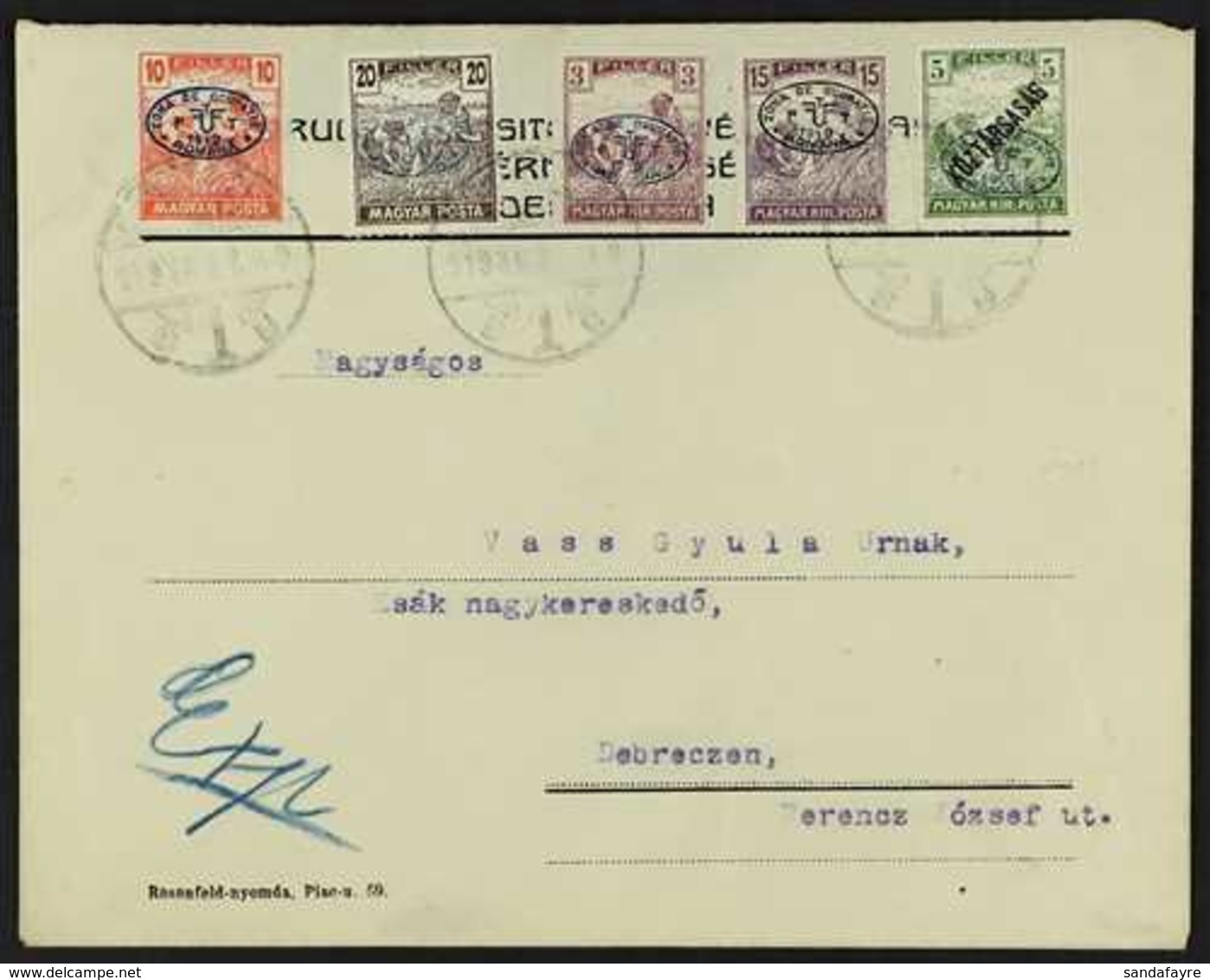 DEBRECEN ROMANIAN OCCUPATION 1919 (27 Dec) Cover Addressed Locally, Bearing Five Different Stamps With Local Overprints  - Autres & Non Classés