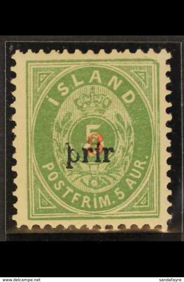 1897 3(a) On 5a Green, Perf.12¾, Type I Overprint With "prir" & "3" In Red, Mi 18BI, SG 39, Facit 35, Fine Mint. For Mor - Andere & Zonder Classificatie