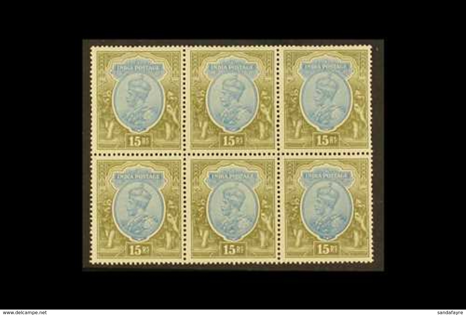1926-33 15r Blue And Olive, Wmk Multiple Stars Upright, SG 218, Mint BLOCK OF SIX, All Never Hinged, Some Mild Gum Disco - Sonstige & Ohne Zuordnung