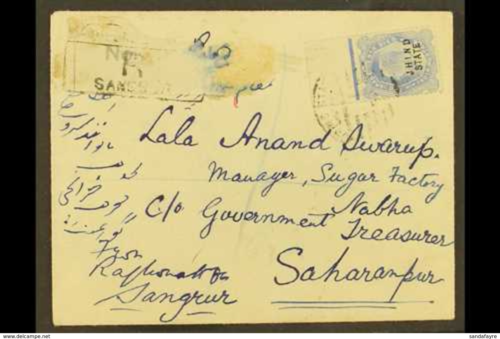 JHIND 1910 (14 Nov) Registered Cover From Sangrur To Saharanpur Bearing KEVII 2a6p Ultramarine (SG 47), Fine Marginal Ex - Andere & Zonder Classificatie