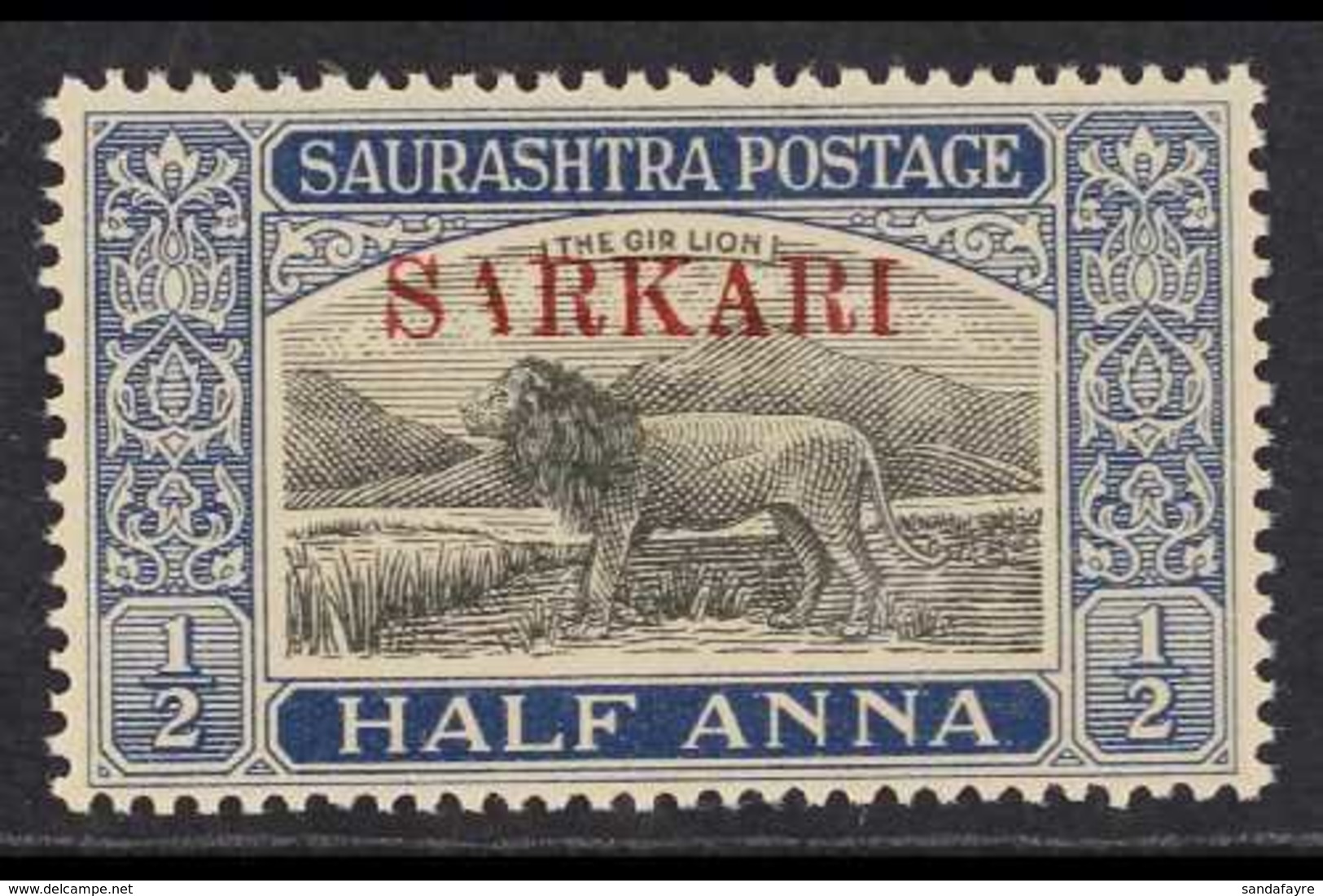 SAURASHTRA OFFICIAL 1949 ½a Black & Deep Blue "SARKARI" Overprint, SG O21, Never Hinged Mint, Showing Damaged First 'A', - Autres & Non Classés