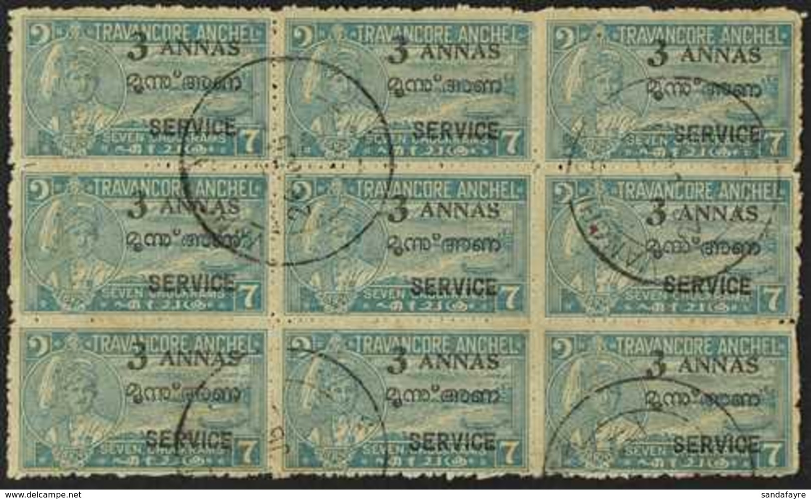 TRAVANCORE-COCHIN OFFICIALS 1949-51 3a On 7ch Pale Blue Overprint Perf 12, SG O6d, Used BLOCK Of 9, Some Minor Imperfect - Autres & Non Classés