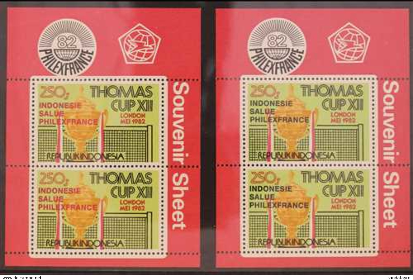 1982 "INDONESIE SALUE PHILEXFRANCE" Overprints In Both Red And In Black On Badminton Cup Miniature Sheets, Michel Blocks - Indonesien