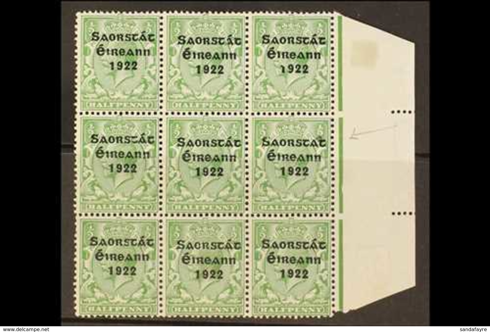 1922-23 THOM SAORSTAT RARITY ½d Green, SG 52, Right Hand Marginal Block Of Nine, Showing At 15/12 ACCENT INSERTED TWICE, - Sonstige & Ohne Zuordnung