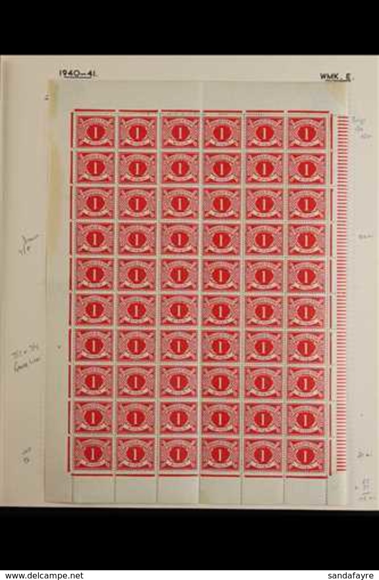 POSTAGE DUE 1941 1d Carmine, Hib, PD6, SG D6, COMPLETE SHEET OF 60, Showing Varieties R1/6 Bulge, 4/4 Break, 7/2 & 7/4 F - Other & Unclassified