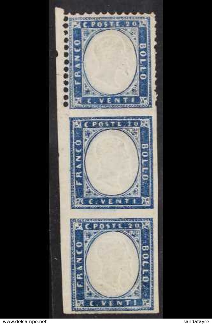 1862 20c Indigo, Vertical Marginal Strip Of 3, The Top Stamp Perforated On 3 Sides, The Bottom 2 Stamps Without Perforat - Zonder Classificatie