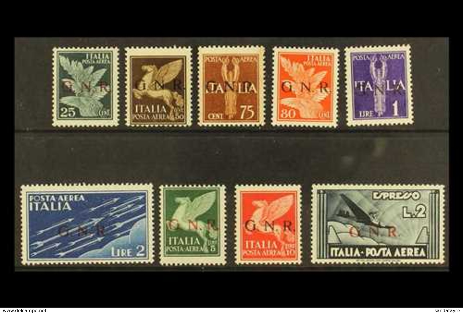 SOCIAL REPUBLIC AIRMAILS 1944 "G.N.R." Overprints, Complete Set Incl. 2L Express Stamp, Sassone 117/25, Mi 35 I/43 I, Mi - Zonder Classificatie