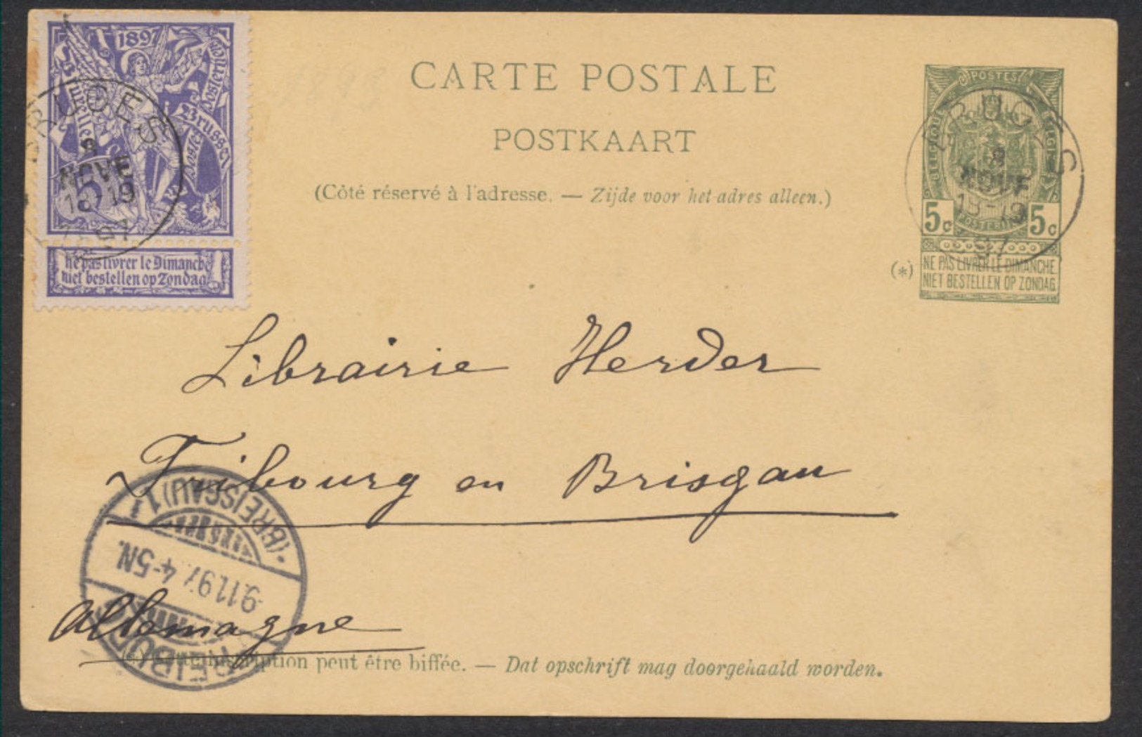 EP Au Type 5ctm Vert + N°71 Obl Simple Cercle "Bruges" Vers Fribourg En Brisgau (Allemagne) / Exposition - Cartes Postales 1871-1909