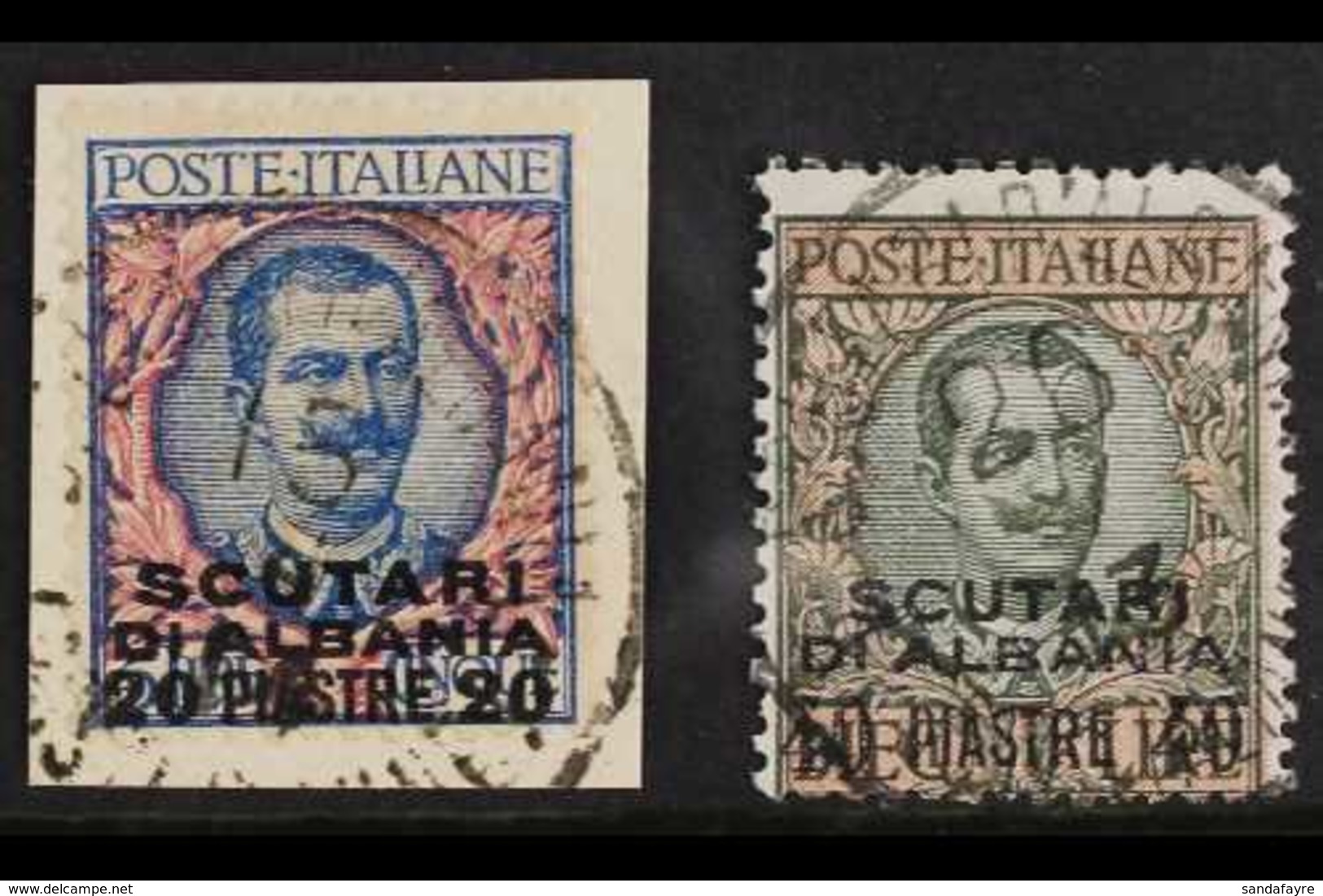 SCUTARI 1909-11 20pi On 5L Blue & Rose And 40pi On 10L Sage-green & Rose Overprints (Sassone 7/8, SG 148/49), Fine Cds U - Other & Unclassified