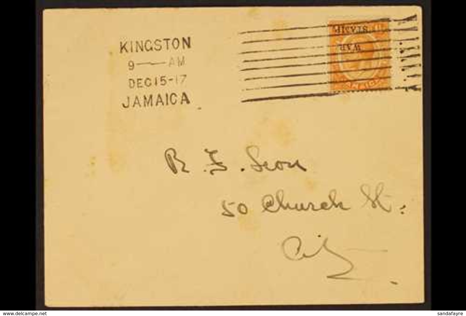 1917 1½d Orange Ovptd War Stamp, Variety "Overprint Inverted", SG 74d, Fine Used On Cover Tied By Kingston Jamaica Barre - Jamaica (...-1961)