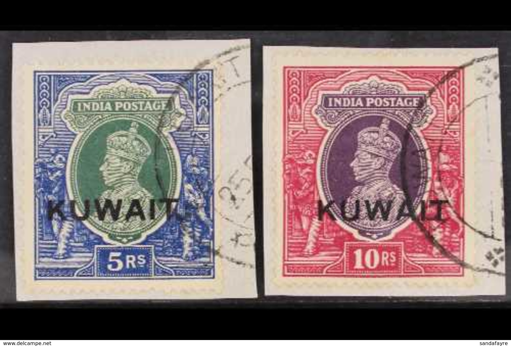 1939 5r And 10r King George VI Stamps Of India Overprinted "KUWAIT", SG 49/50, Each Very Fine Used On Piece. (2 Stamps)  - Koweït