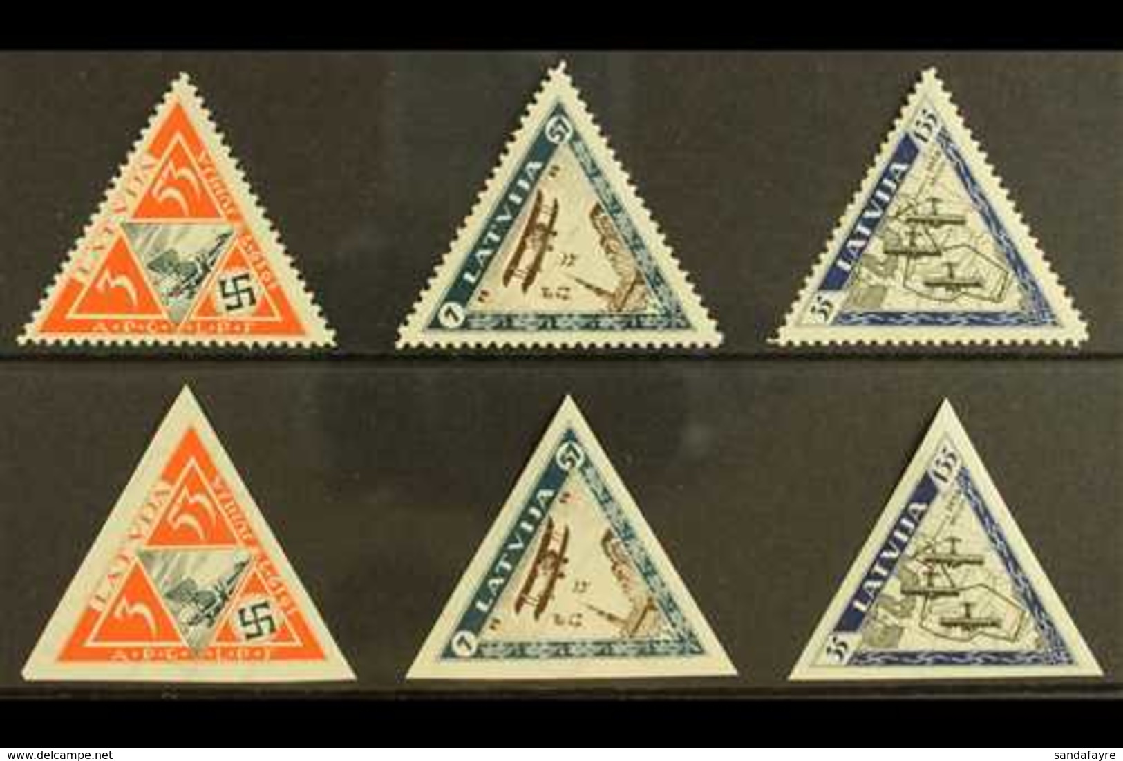 1933 Wounded Airmen Triangular Perforated & Imperforate Sets, Mi 225A/227A & 225B/227B, SG 240A/42A & 240B/42B, Fine Min - Lettland