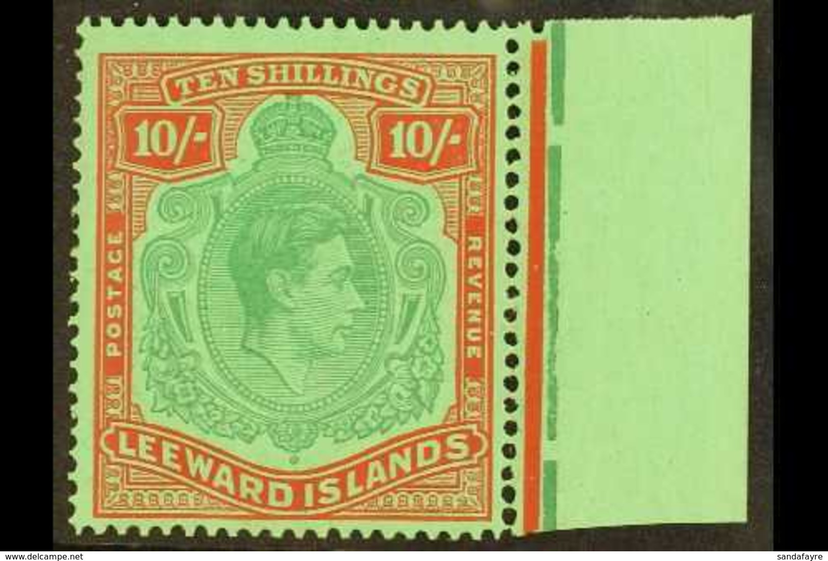 1938-51 10s Bluish Green And Deep Red On Green Key Type Chalky Paper Position 24, SG 113, Fine Never Hinged Mint Margina - Leeward  Islands