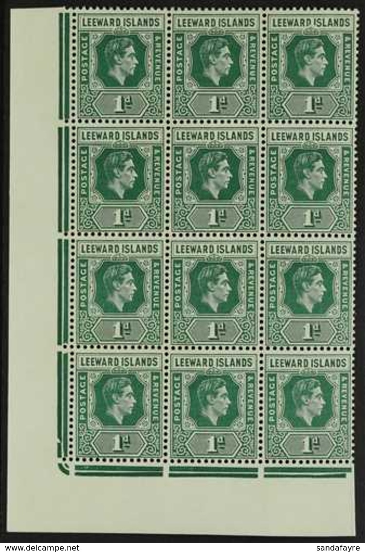 1949 1d Blue-green, Lower Left Corner Block Of Twelve (3 X 4), Position 7/3 Showing The "DI" Flaw, SG 100a, Fine Never H - Leeward  Islands