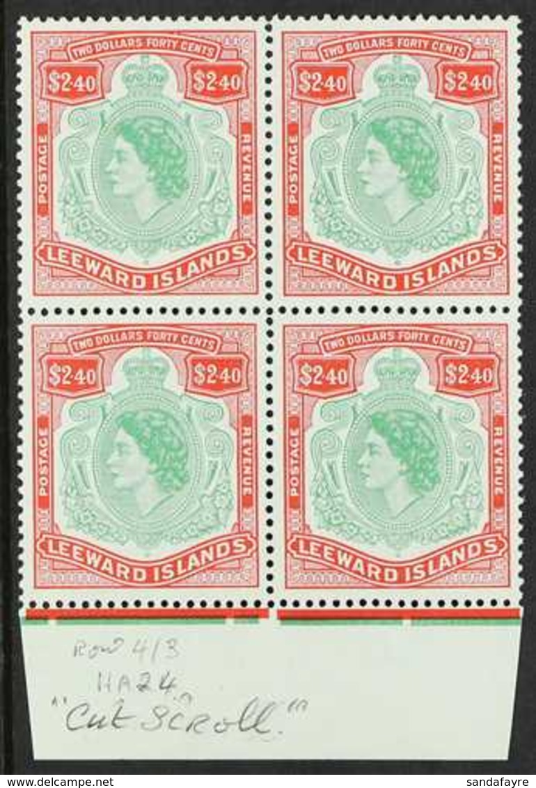 1954 $2.40 Bluish Green And Red, Lower Marginal Block Of Four, One Showing Broken Scroll, SG 139a, Fine Never Hinged Min - Leeward  Islands