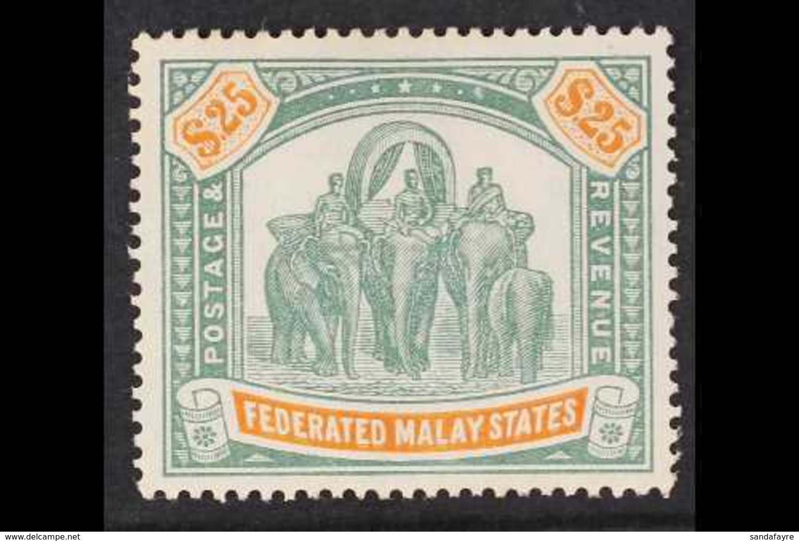 FEDERATED MALAY STATES 1928 $25 Green And Orange Elephants, Wmk Mult Script CA, SG 82, Mint With Lovely Fresh Appearance - Andere & Zonder Classificatie