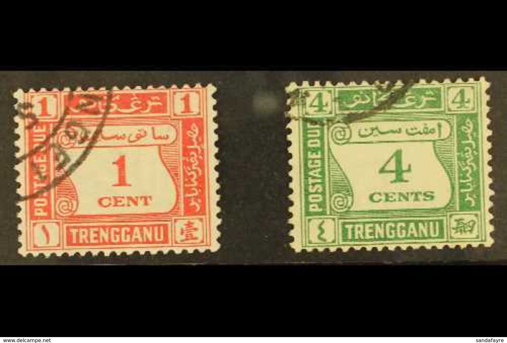 TRENGGANU POSTAGE DUE 1937 1c Scarlet And 4c Green, SG D1/2, Very Fine Used. (2 Stamps) For More Images, Please Visit Ht - Other & Unclassified