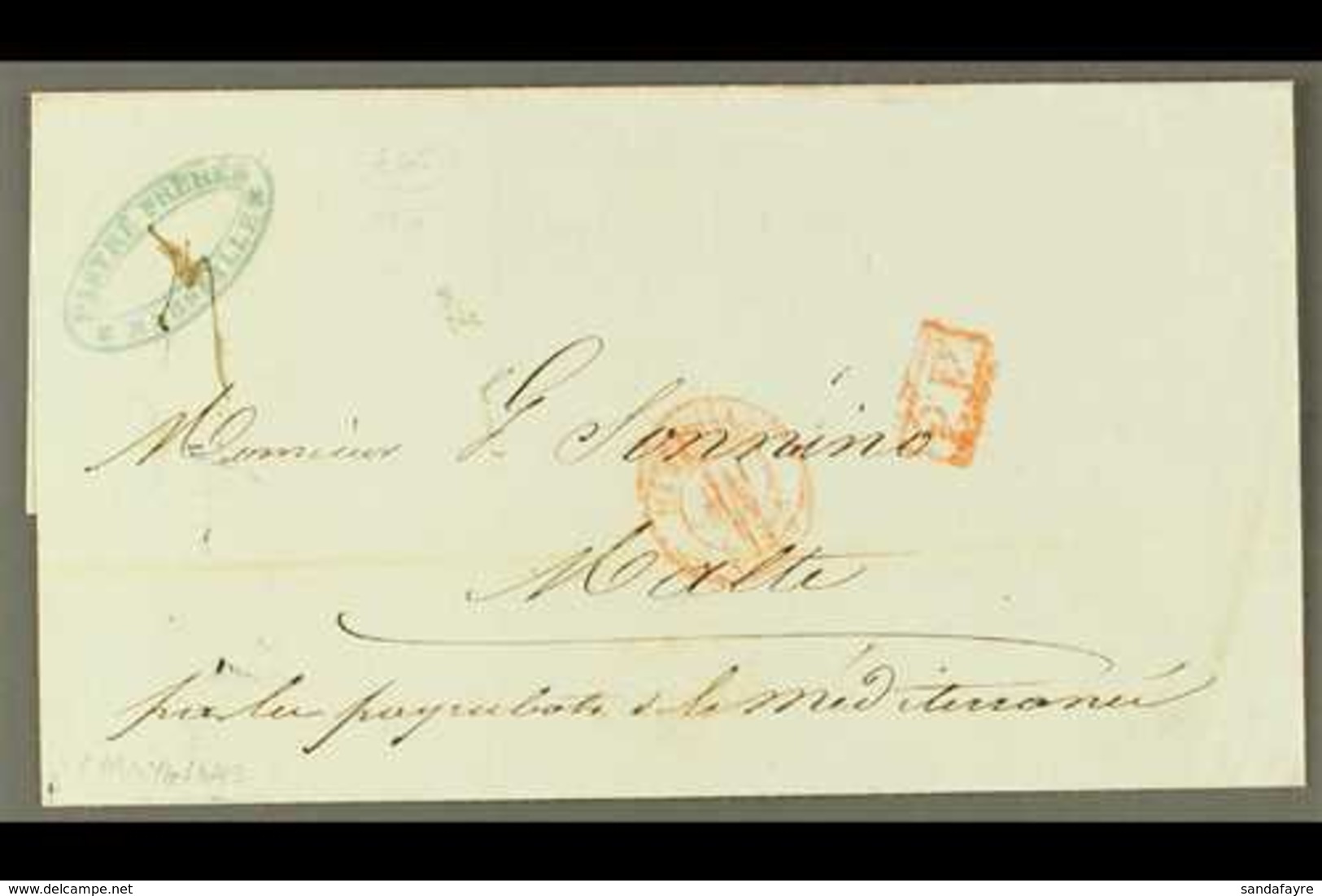 1843 (MAY) Stampless Wrapper From Marseilles To Malta Showing On The Front Red Marseilles Cds Plus Boxed "P.P." In Red,  - Malte (...-1964)