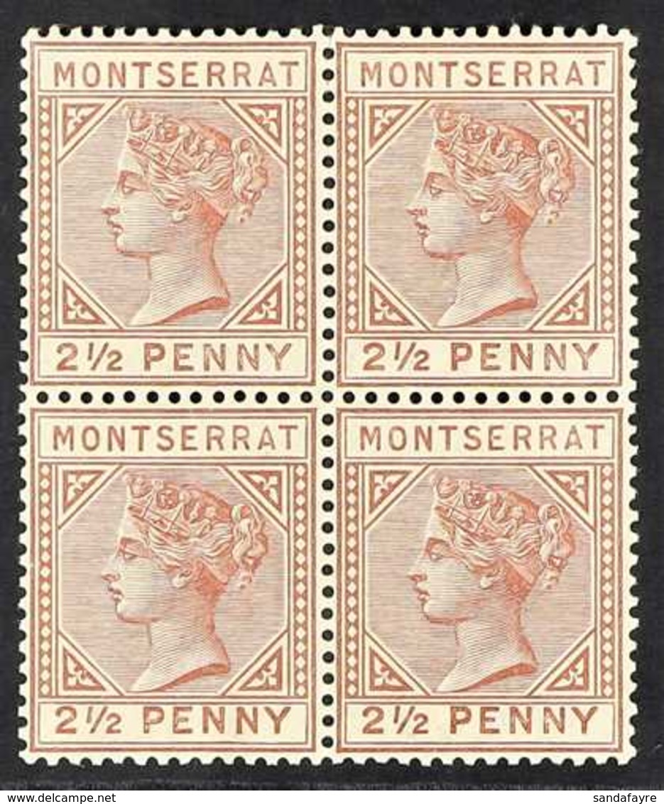 1884-85 2½d Red Brown, Wmk CA, Perf 14, SG 9, Mint Block Of 4 With Evenly Toned Gum (the Lower Pair Never Hinged), Some  - Montserrat