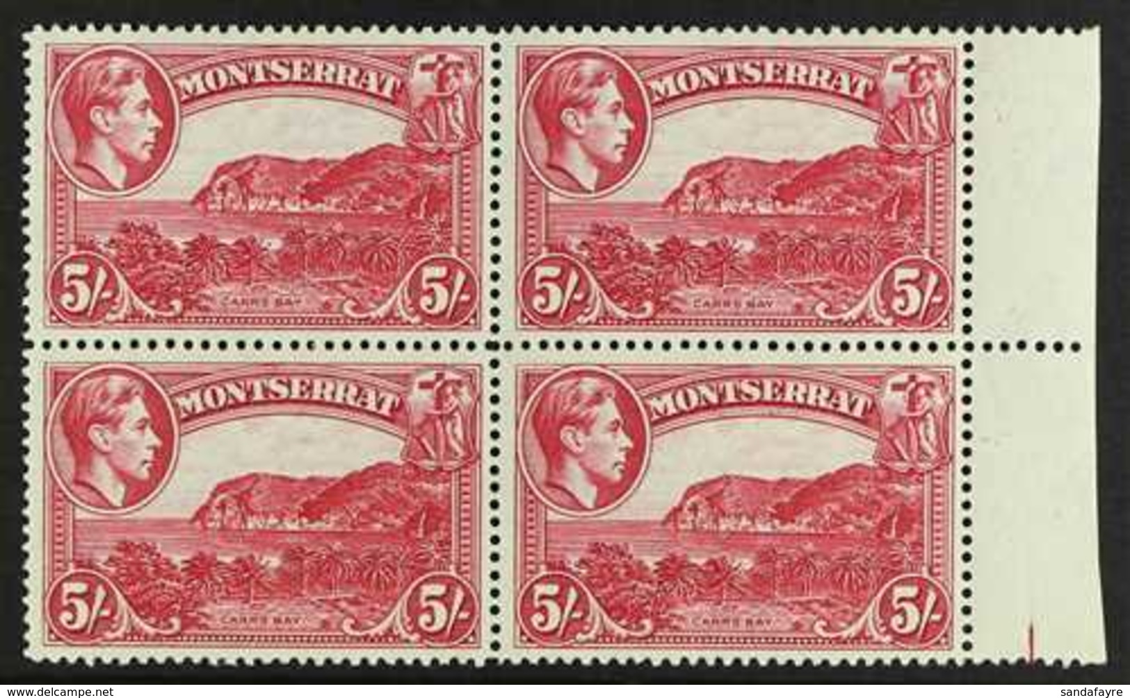 1938-48 5s Rose-carmine Perf. 14, SG 110a, Never Hinged Mint Right Marginal Block Of Four. For More Images, Please Visit - Montserrat