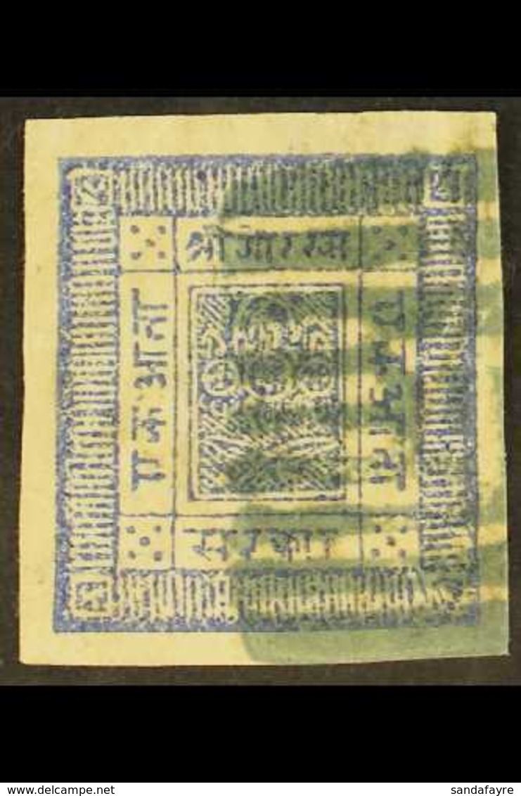 1881 White Wove Paper, Imperf, 1a Blue (Hellrigl 4a, SG 4, Scott 4), Four Large Margins And Neat Palpa Bluish Green Canc - Népal