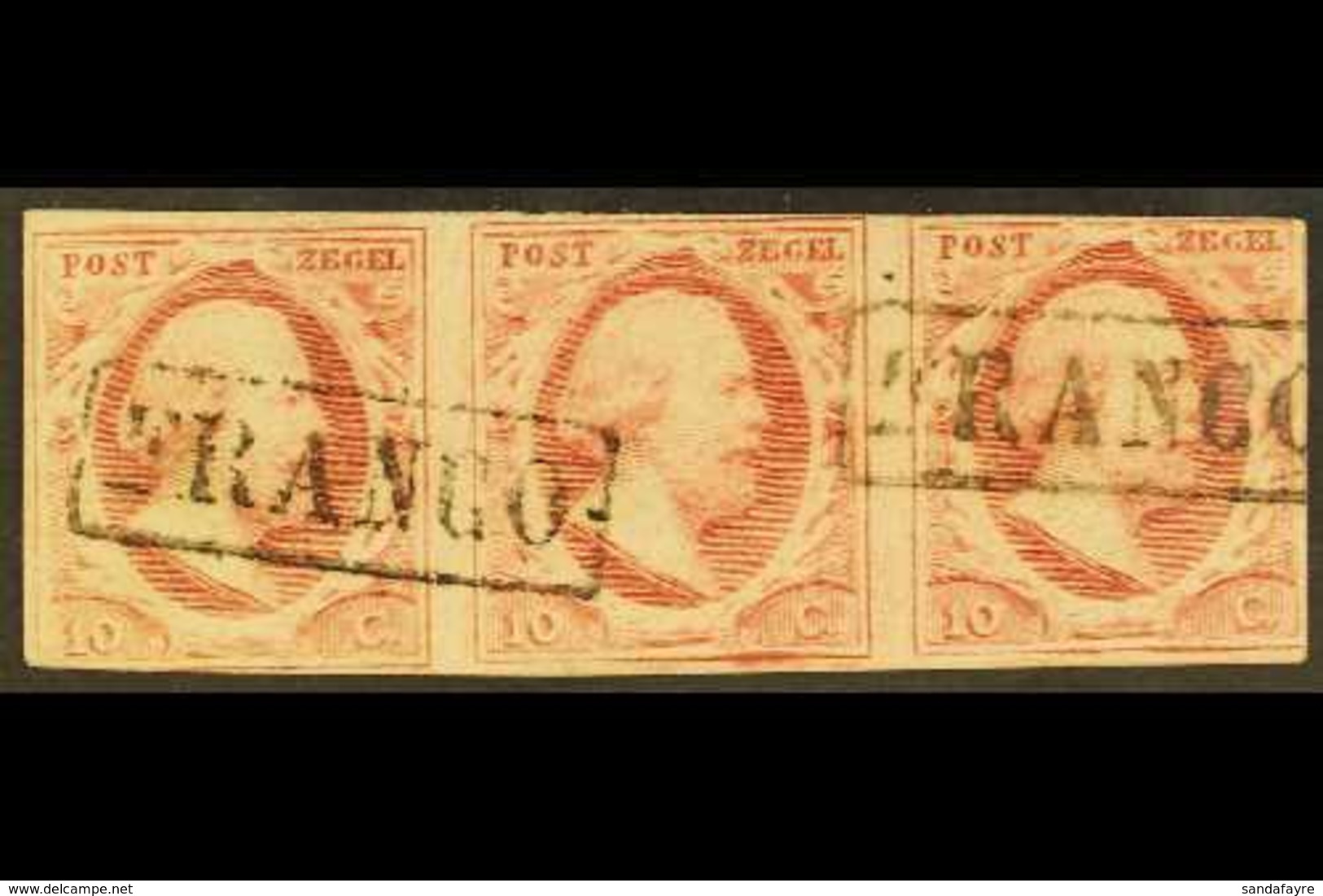 1852 10c Carmine, Imperf Horizontal STRIP OF THREE, Mi 2, SG 2, NVPH 2, Fine Used, Cancelled By Boxed "Franco" Postmarks - Other & Unclassified