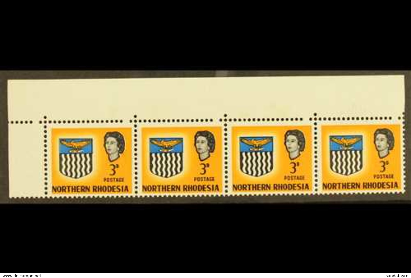 1963 3d Top Marginal, Horizontal Strip Of Four, Each Showing Missing Perf. Hole VARIETY Between Stamp And Margin, SG 78, - Nordrhodesien (...-1963)