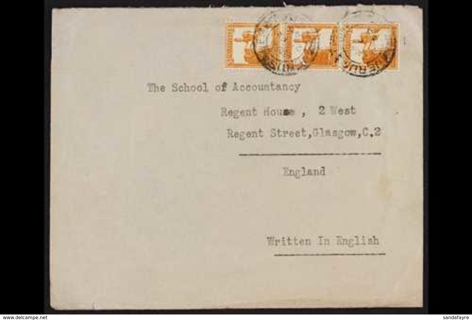 1945 Cover To England Franked 5m Coil Strip Of 3, SG 93a, Tied By Jerusalem 21 Feb 45 Cds. For More Images, Please Visit - Palästina